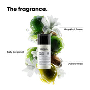 L'Oreal Paris Men Expert Metal Detox product with elements labeled as Salty bergamot, Grapefruit flower, and Guaiac wood on a white background.