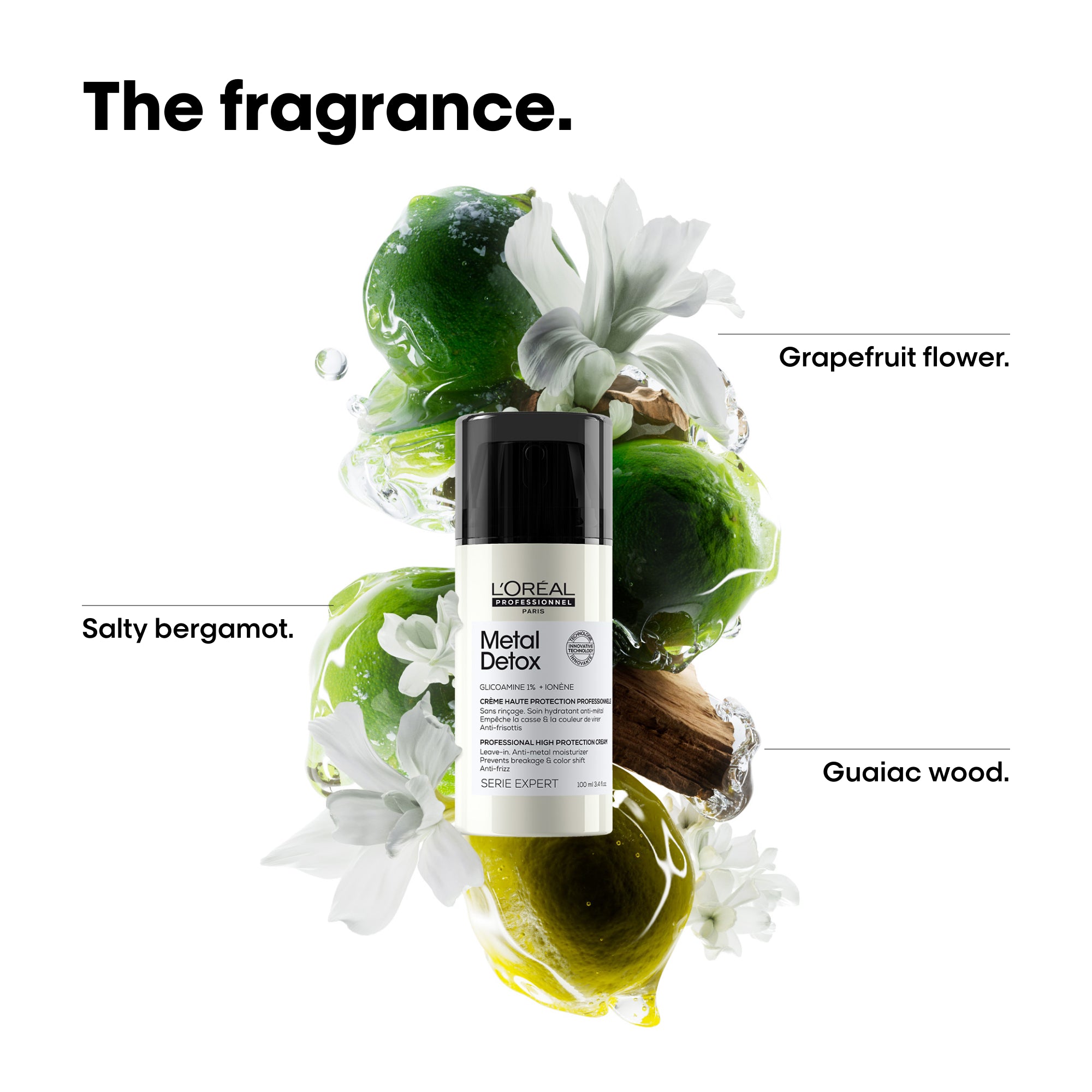 L'Oreal Paris Men Expert Metal Detox product with elements labeled as Salty bergamot, Grapefruit flower, and Guaiac wood on a white background.