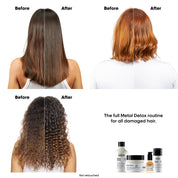 Before and after hair transformation with product bottles labeled 'Metal Detox' on a white background.