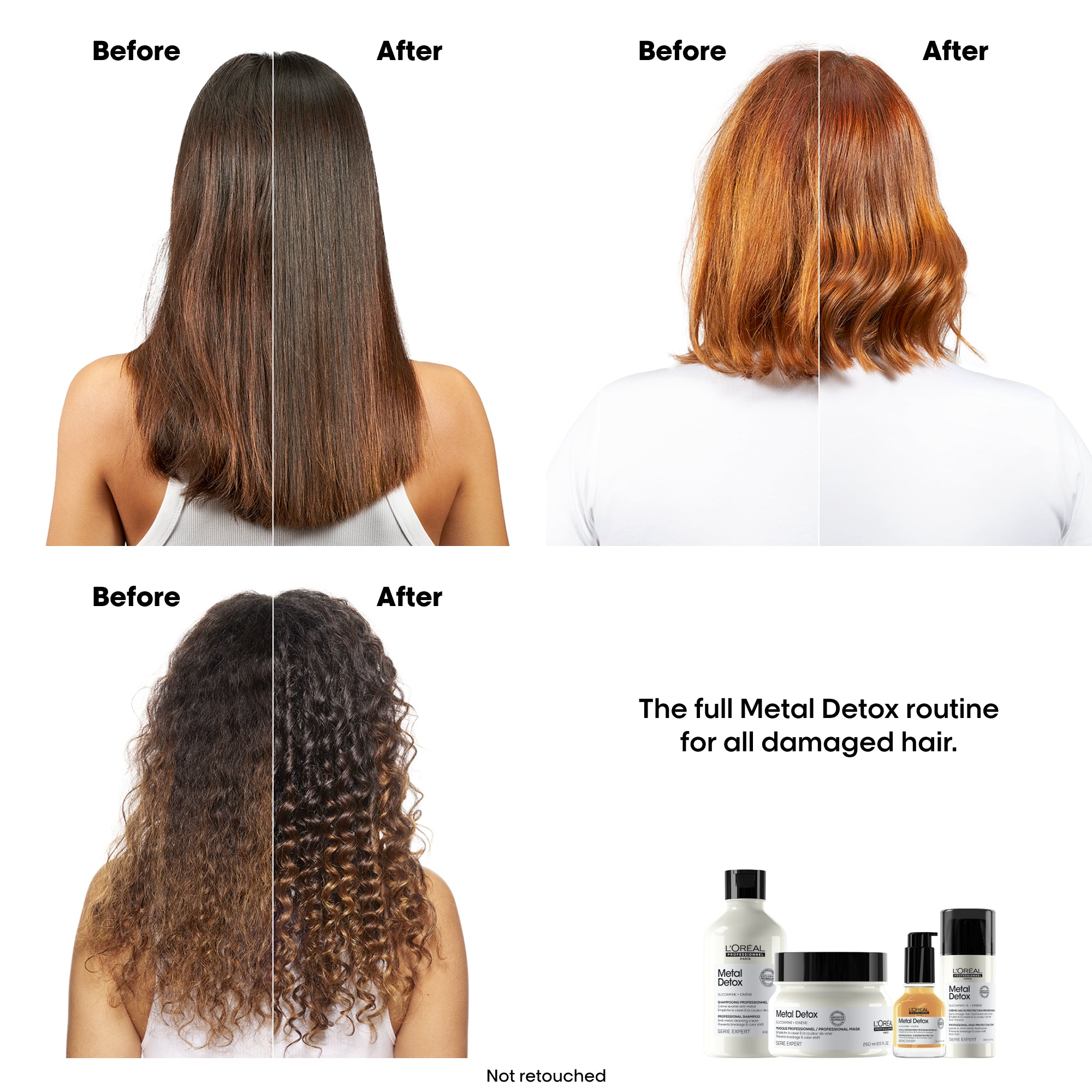 Before and after hair transformation with product bottles labeled 'Metal Detox' on a white background.