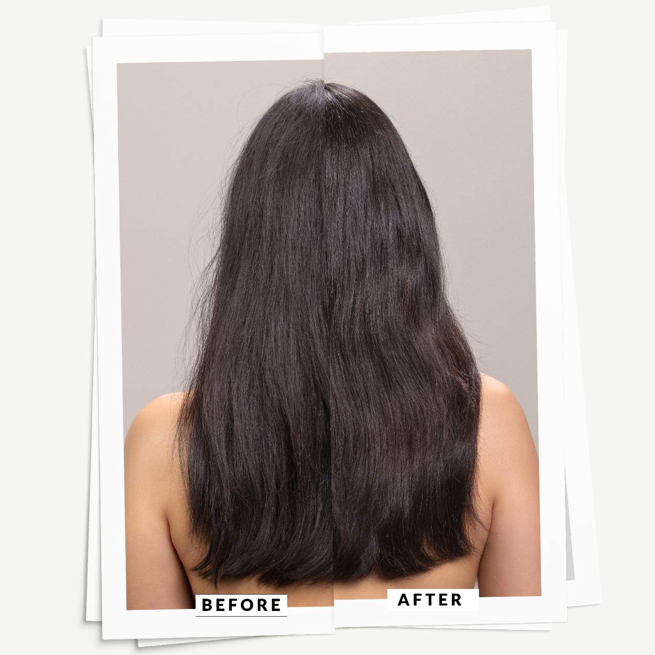 Before and after comparison of hair treatment showing a person with long, straight hair.