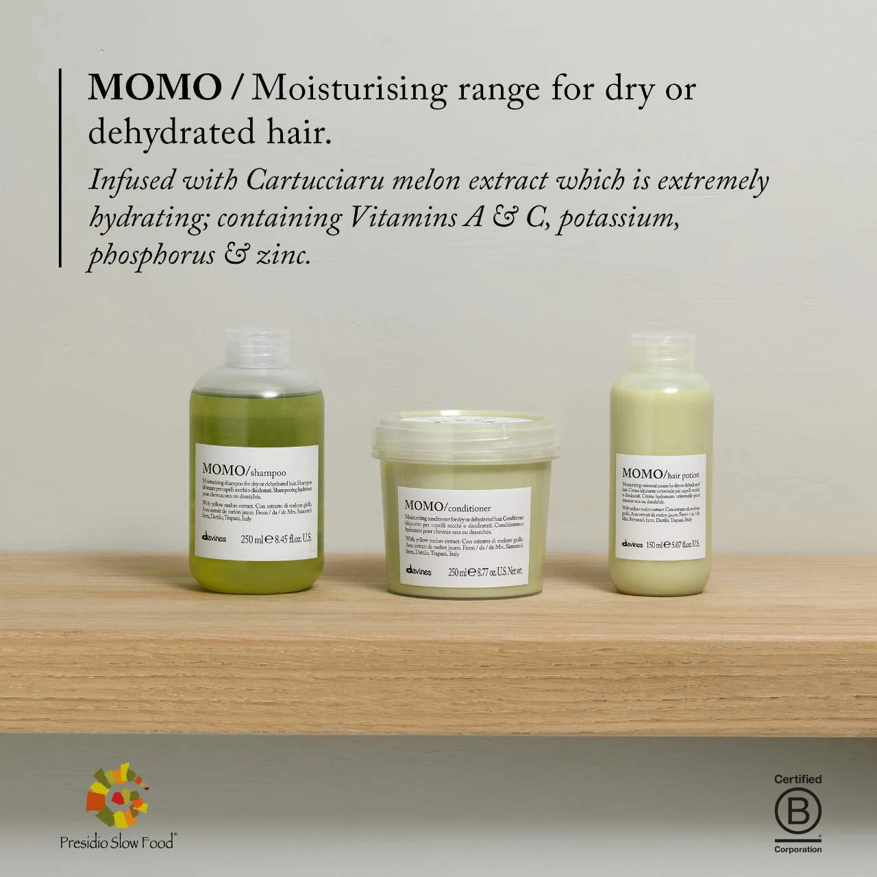 Three bottles of MOMO hair care products on a wooden shelf with text about the moisturizing range for dry or dehydrated hair.