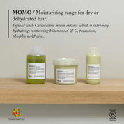Three bottles of MOMO hair care products on a wooden shelf with text about the moisturizing range for dry or dehydrated hair.