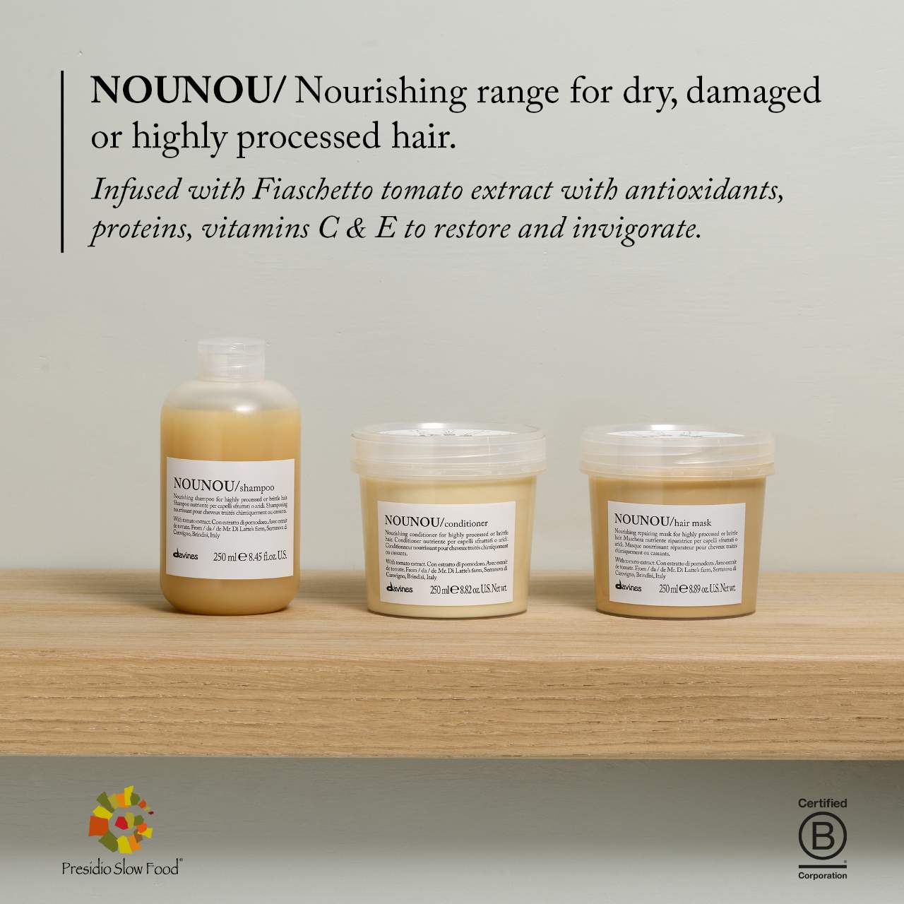 Three bottles of NOUNOU hair care products on a wooden shelf with text about the product range.
