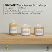 Three bottles of NOUNOU hair care products on a wooden shelf with text about the product range.