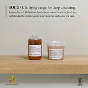 SOLU shampoo bottle and bath bar on a wooden surface with product description text.