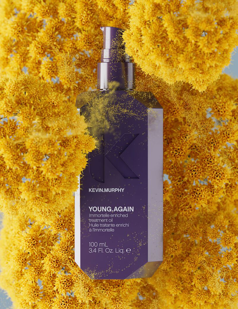 Kevin Murphy Young Again product with yellow floral background